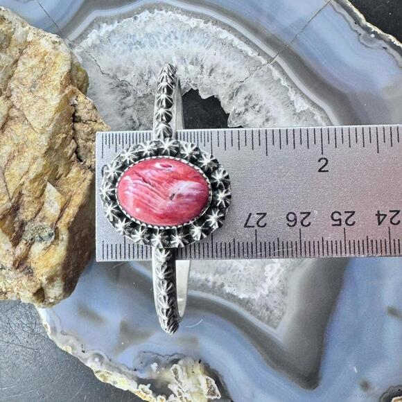 Native American Sterling Oval Orange Spiny Oyster Decorated Bracelet For Women - Picture 10 of 10